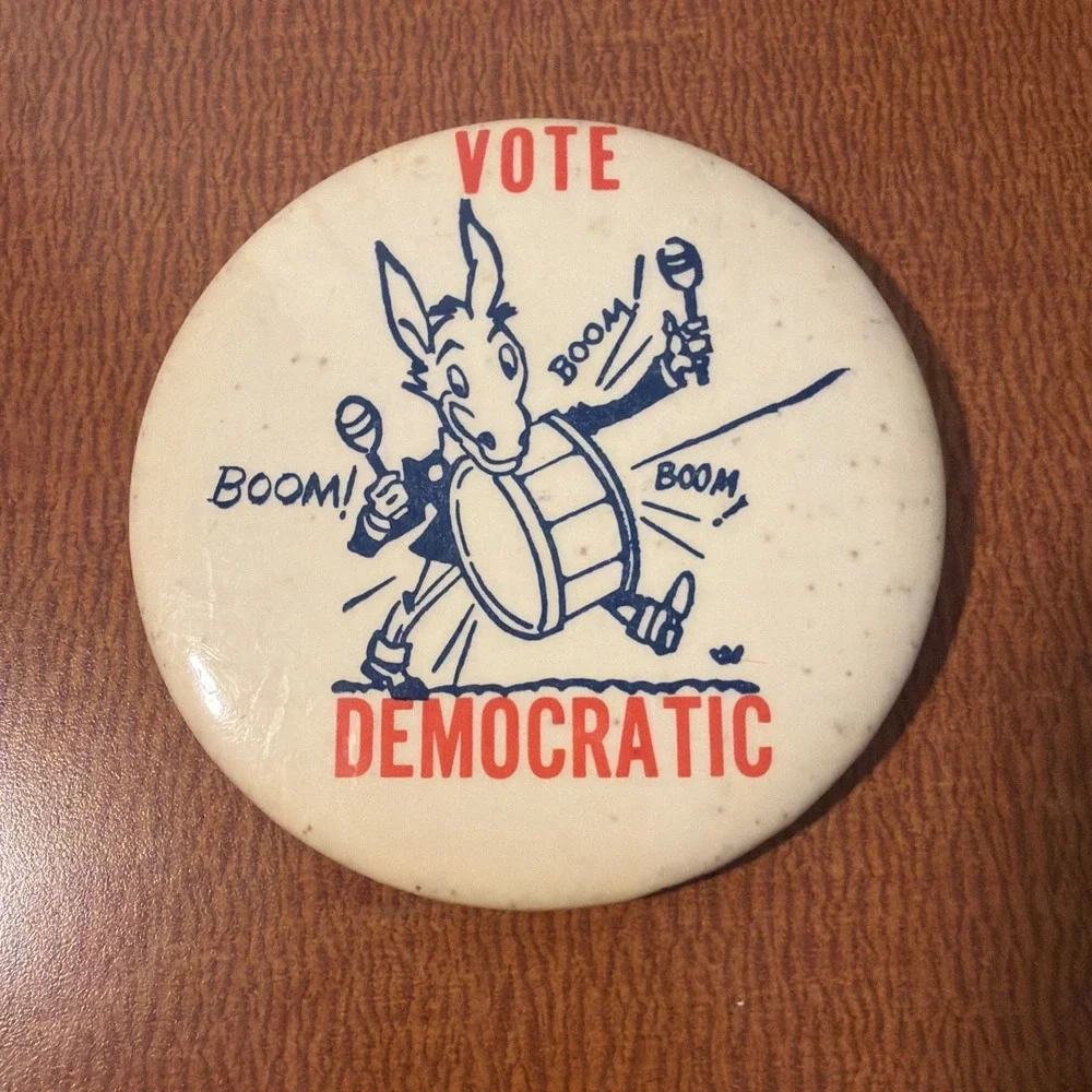 Vintage VOTE DEMOCRATIC Donkey Drummer Large Political Pinback Button Democrat